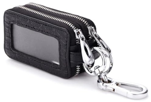 VIVIIHOO Portachiavi per auto in vera pelle con protezione RFID, custodia per chiavi con doppia cerniera, moschettone e finestra trasparente, piccola e pratica per uomo e donna