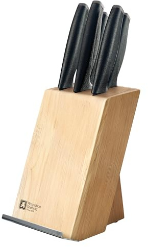 Richardson Sheffield - Bloc en bois naturel avec 5 couteaux de cuisine lame teintée noir avec porte tablette - Advantage - Acier inoxydable 13 C, Finition PVD mat (Physical vapor deposition) - Noir