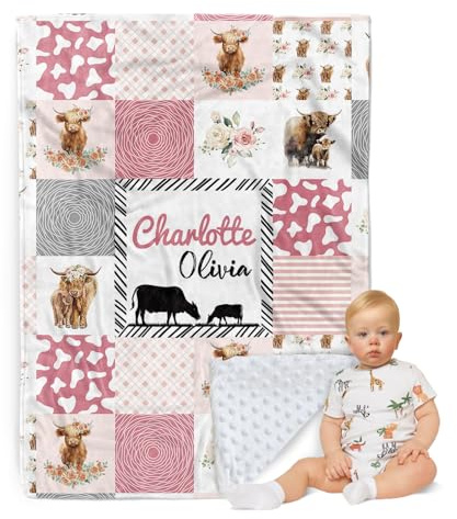 Personalisierte Babydecke - Individueller Name mit Tiermotiven Karo-Design - Patchwork Weiche Kuscheldecke mit Doppellagiger Gepunkteter Rückseite für Jungen Mädchen Geschenke Farbe22-Hochlandrind