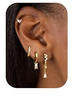 FIOROYAL 3/4 Paar Piercing Ohr Gold,14K Gold Gefüllte Ohrringe Set für Mehrere Ohrlöcher, Blume Mond Cubic Zirkon Creolen Ohrringe für Damen,Helix Piercings Medizinische Ohrstecker Gold Silber GC