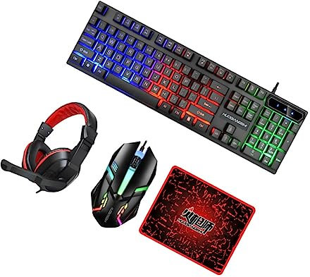 WATIIFUFU 1ensemble Gamer Clavier Rétroéclairé Touches Souris Filaire Casque Et Tapis De Souris Combo Pratique pour Bureau Et Jeu