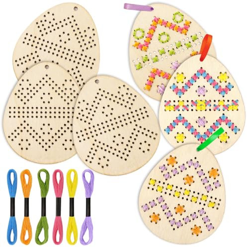 JSRQT 5 pezzi in legno cucito punto croce pasquale artigianato punto croce kit uovo in legno punto croce kit kit fai da te ricamo starter set per bambini principianti segnalibro cucito cornici aghi