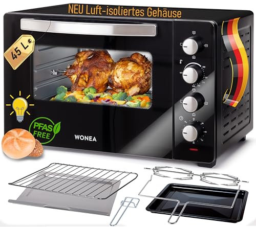 Minibackofen 45 Liter mit Glasfront und 2.000 Watt | Mini Backofen mit Umluft, Drehspieß und Krümelblech | Ober-/Unterhitze | Konvektion | 60 min Timer | Neues luft-isolierten Gehäuse, Mini-Ofen