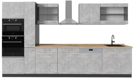 Vicco Küchenzeile R-Line, Beton/Anthrazit, 350 cm ohne Arbeitsplatte, zur flexiblen Erweiterung durch zusätzliche Module geeignet