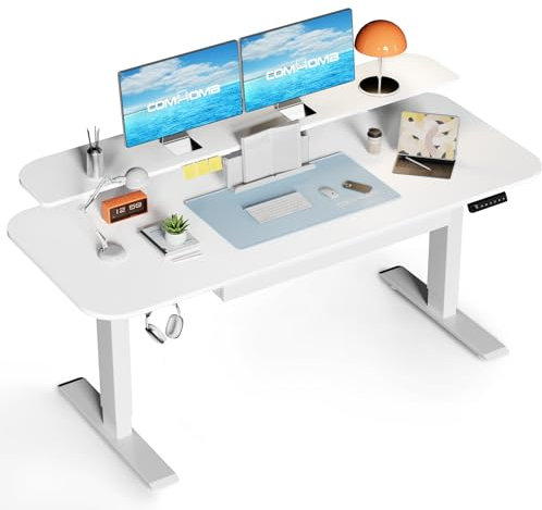 COMHOMA Höhenverstellbarer Schreibtisch Elektrischer, 120x60cm, mit Schubladen, Monitorständer, Tablet-Ständer, mit 3 höhen Memory-Steuerung, Weiß