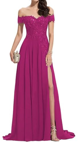 ZCXCsfp Vestido largo de noche con apliques de encaje para mujer, cuello en V, hombros descubiertos, vestido largo de graduación, con abertura, fiesta formal, boda, fucsia, 46