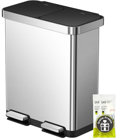 EKO Cubo de basura Deluxe con 2 compartimentos, 40 + 28 litros, sistema de separación de basura, 12 bolsas de basura, pedal con pedales duraderos, cubos interiores extraíbles, cierre suave, sin