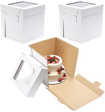 JJO Tall Cake Boxes for Tier Cakes, 3 Pack 12x12x12 Inch,White Cake Boxes with Window,Sturdy Tall Cake Carrier, Disposable Cake Containers