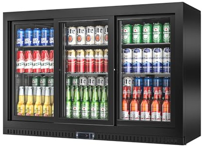 Rockit 330L Back Bar Fridge with Triple Glass Sliding Door, Commercial Back Bar Drinks Cooler with LED Light for Bar, Home, Shop