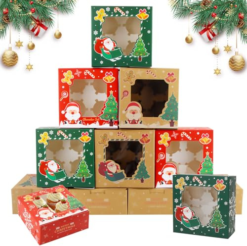 Fancysky 12 Stück Weihnachts Kekskästen Boxen, Cupcake Muffin Box mit Fenster, Geschenkbox mit Sichtfenster, Weihnachts Plätzchenschachtel, Kuchen Schachtel, Papierbox, Cupcake Box