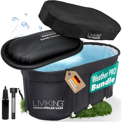LIVIKING® Eisbad + Faltbare Badewanne Erwachsene [120 cm - KOMFORT BUNDLE] Eisbaden Tonne, Mobile Badewanne Outdoor & Eistonne – Jetzt Eintauchen! (WeatherPro Bundle, schwarz)