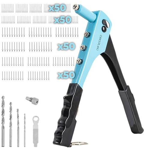 Cecotec Remachadora manual FixerForce, Incluye 4 Boquillas de Diferentes Tamaños (2.4, 3.2, 4, 4.8 mm) y 4 Brocas, 400 Remaches Incluidos, Llave de Ajuste Incluida