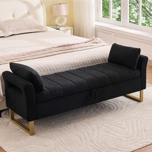 AEMEIOS 66'' Storage Bench for Bedroom End of Bed King Size, Long Bedroom Benches for Foot of Bed with Gold Legs, Comfy Bed Bench with Storage, Pillows for Entryway, Windows, Black Teddy