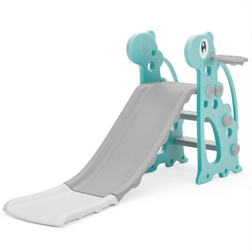 Warmiehomy Dinosaur-Shaped Toddler Slide, Toddler Garden Slide With Basketball Hoop Climb Stairs For 1-3 Years Old Kids, Indoor And Outdoor Playground Equipment Green 139x42x68cm