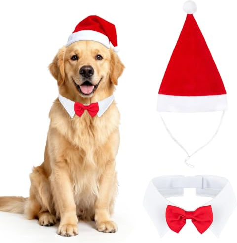 MELLIEX 2 Stück Weihnachten Hundekostüm, Hunde Katzen Weihnachtsmützen und Fliege Weihnachtskostüm Zubehör Set für Haustier