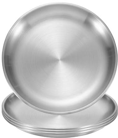QUARKZMAN 4 stycken mattallrikar i rostfritt stål, 140 cm, runda | Servis med platta mattallrikar i metall, för restauranger, kök, dessert, sallad, mat, utomhus, camping