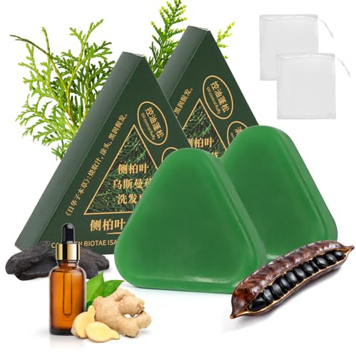2 Pains Shampoing Solide Triangulaire, Savon Vert pour Cheveux, Shampooing Solide Aux Feuilles De CyprèS Et à L'Herbe Usman Pour La Croissance, Le Renforcement, L'éPaississement Et Le Volume