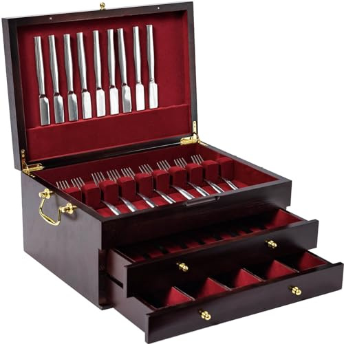 Three-Layer Wooden Silverware Chest - Felt Lined Storage Box with Handle for 12-16+ Sets of Flatware Elegant Silver Storage Case for Dining Essentials