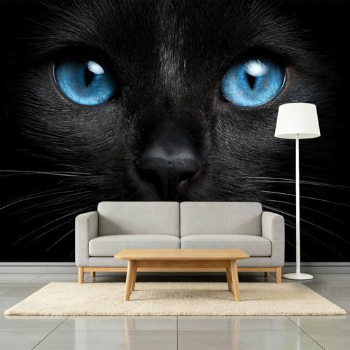 Fotomurales Tejido No Tejido 200 x 140 cm - Papel Pintado Fotográfico Realista Foto Animales Gato Negro Murales Negro Póster para Niños Juvenil Salón Dormitorio Decoración Del Hogar