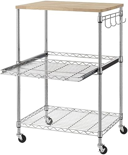 Finnhomy 3-Tier Rolling Kitchen Cart, Microwave Cart with Oak Wood Tabletop and Drawer Slider, Coffee Cart & Food Service Cart with Hooks, Chrome