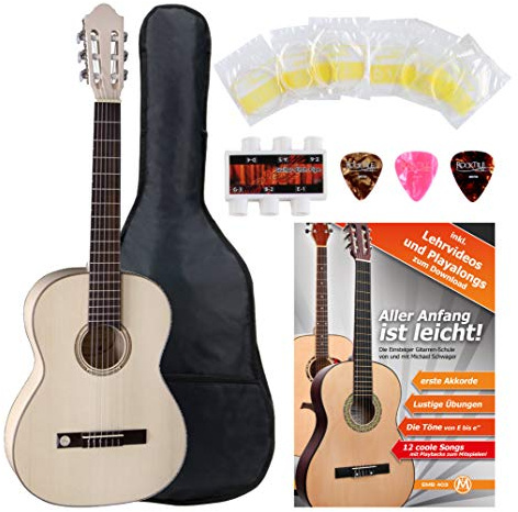 GEWA Pro Natura Silver 7/8 Konzertgitarre Starter Set (Massive Fichtendecke, Boden und Zargen: Ahorn, Set inkl. Tasche, Gitarrenschule, Stimmpfeife, 3 Plektren & 1 Satz Saiten) Seidenmatt