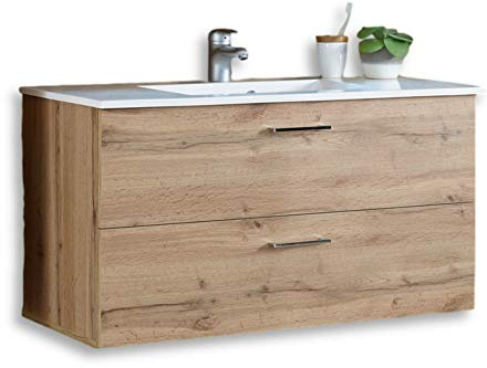 Stella Trading Best Waschbeckenunterschrank hängend mit Waschbecken in Wildeiche Optik - Bad Unterschrank mit Softclose Schubladen & viel Stauraum - 99 x 53 x 45 cm (B/H/T) | Hängender Bad Unterschrank mit viel Stauraum, 2 Softclose Schubkästen für Hauswirtschaftsraum, Waschküche, Keller, Bad