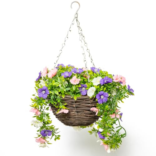 Primrose Premium Large Artificial Outdoor Hanging Baskets With Flowers (White, Purple & Pink Petunia, Set of 1)