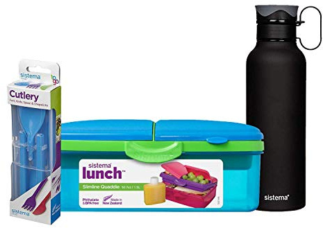 1.5L 1.5 Litre 50.7oz Blue Slimline Quaddie Lunchbox, Cutlery Set & 600ml Stainless Steel Insulated Drinks Bottle - Phthalate & BPA Free.