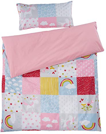 Bio Kinderbettwäsche 100% Bio-Baumwolle (kbA) GOTS zertifiziert, Patchwork Einhorn, 100 x 135 cm / 40 x 60 cm, Perkal-Stoff