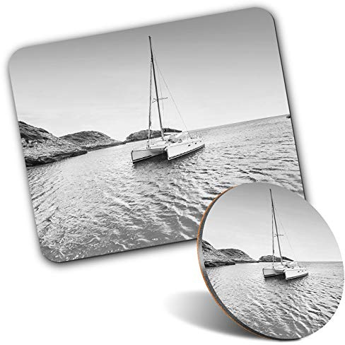 Rectangle Mouse Mat & Round Coaster Set - BW - Sailing Boat Catamaran Corsica Island 20 cm & 9 cm for Computer & Laptop, Office, Gift, Non-slip Base #43466