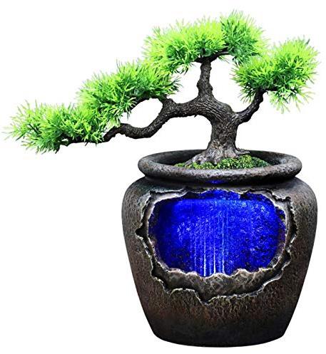 XXXXW Relaxation Desktop Fountains Creative Indoor Resin Flower Pot Flowing Water Waterfall Statue Feng Shui 7-Color Led Change Home Garden Simulation Crafts Interior Water Feature