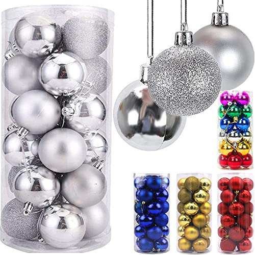 Silver Christmas Baubles 24pcs Shatterproof Plastic Balls - Xmas Tree Ornaments for Festival & Wedding Decor (4cm)
