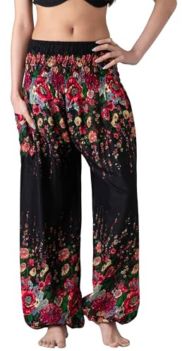 B Bangkok Pants Sarouel pour Femme - Vêtements de Yoga bohème avec Poches, Motif Floral Noir, Taille Unique