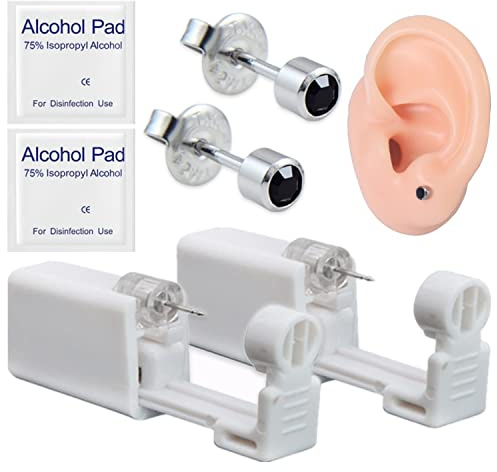 Suskriyocic 2 Pack Disposable Ear Piercing Gun with Ear Studs Painless Self Ear Piercing Gun Sterile Piercing Tool Kit for Girls Boys Women Men Black