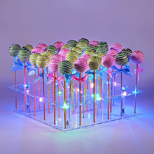 Acrylic Cake Pop Display Stand, ANMEISH 36 Hole Clear Lollipop Holder with LED String Lights, Ideal for Weddings Baby Showers Birthday Party Anniversaries Holiday Candy Decorative (Colorful Light)