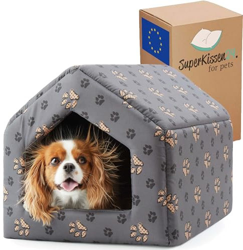 SuperKissen24. Hundehütte Indoor - Hundebett - Hundebox für Kleine Mittlere und Große Hunde und Katzen - Wasserdicht Hundehöhle - Katzenhöhle - 50x64x45 cm - Pfoten Grau
