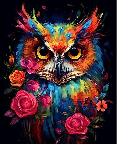 Eule Portrait Malen nach Zahlen Kits 40 x 50 cm Leinwand DIY Digitales Ölgemälde für Erwachsene mit Pinseln und Acryl-Pigment – Tierrosenblumen, handbemalt für Heimdekoration, Geschenk (ohne Rahmen)