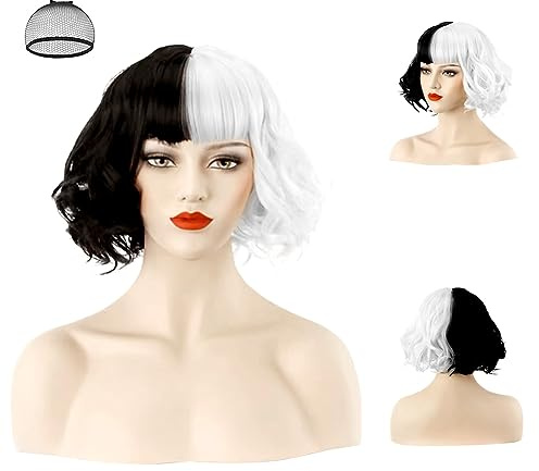 Aomig Schwarz-Weiß Perücke - Kurze Gewellte Synthetik Perücke für Damen, Halb Schwarz und Halb Weiß - Cosplay Haar für Halloween, Karneval, Party