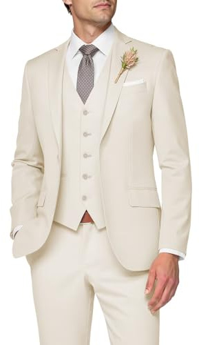 SPTALLFITJSV Cream Suits for Men Slim Fit Groom Attire for Wedding 2025 Elegant Three Piece Suit Set Single Breasted One Button Blazer L Large
