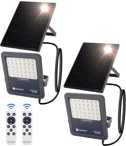 Aigostar Foco proyector LED solar con control remoto,focos solare de 200W, 2000LM,luz blanca fría de 6500K,IP65 impermeable Luz solar exterior,para jardín,terrazas,garajes,cable de 2M,Paquete de 2