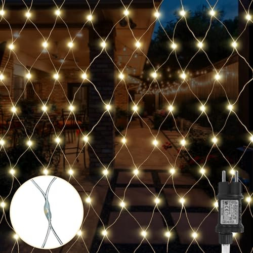 Gresonic 1.5 * 1.5M 96er LED Lichternetz Lichtervorhang Lichterkette Warmweiß Deko Leuchte Innen und Außen Weihnachten Hochzeit (Warmweiß 8 Modi, 96LED)