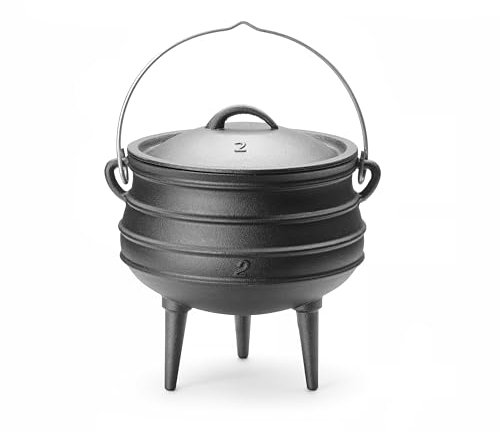 HENDI Olla de hierro fundido, olla sudafricana con 3 patas, caldero de brujas, con tapa y asas, para uso en fuego abierto, potjie, horno holandés, hervidor de brujas, 6L, ø245x(H)280mm, negro