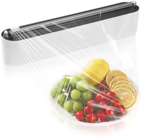 Quasziwa Magnetic Cling Film Dispenser and Cutter - Upgrade Refillable Clingfilm & Aluminum Tin Foil Dispenser and Cutter Wall-mounted, Plastic Wrap Dispenser for Kitchen - Fits 12 Roll, Black