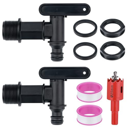 2 STK Auslaufhahn für Regentonne, Kunststoff Wasserhahn für Regentonne, Regeneimer-Auslaufhahn, Regentonnenhähne Regenfass Adapter mit Dichtung und Lochöffner für Heim Garten Wassertank Anschlüsse