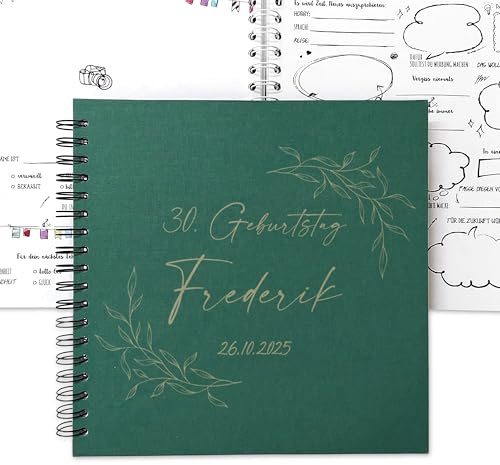 Feenstaub Gästebuch zum Ausfüllen Geburtstag, mit vorgedruckten Fragen, Leineneinband, Geburtstagsgästebuch personalisiert, Ringbuch 25 x 25 cm, Erinnerungsbuch Leinen