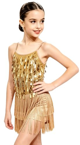 LOLANTA Mädchen Pailletten Fransen Tanzkostüm, Kinder Salsa Rumba Latein Tanzkleidung Set, Glitzerndes ärmelloses Quasten Tanz Mini Kleid mit Shorts