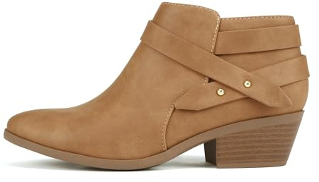 Soda SWEETEN Women's Fashion Closed Toe Multi Strap Ankle Bootie Block Heel (Wide Fit Available), Tan Nubuck, 8 Wide