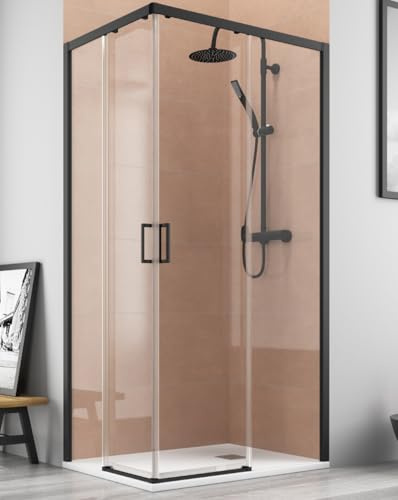 Mampara Ducha Rectangular Angular Corredera 2 Puertas 2 Fijos | Cristal 5mm Antical | Perfil Negro 110cm (Adaptable 106,5-108,5cm) X 80cm