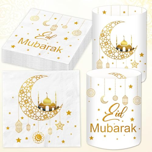 Lot de 20 serviettes pour le Ramadan + 12 photophores - Décoration de table - Doré - Décoration de table - Décoration pour enfants - Étoile et lune - Cadeaux islamiques