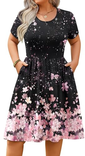 IN'VOLAND Damen-Sommerkleid, Übergröße, kurzärmelig, lässig, Minikleid, Empire-Taille, T-Shirt-Kleid mit Taschen, Violette Blume, 1X